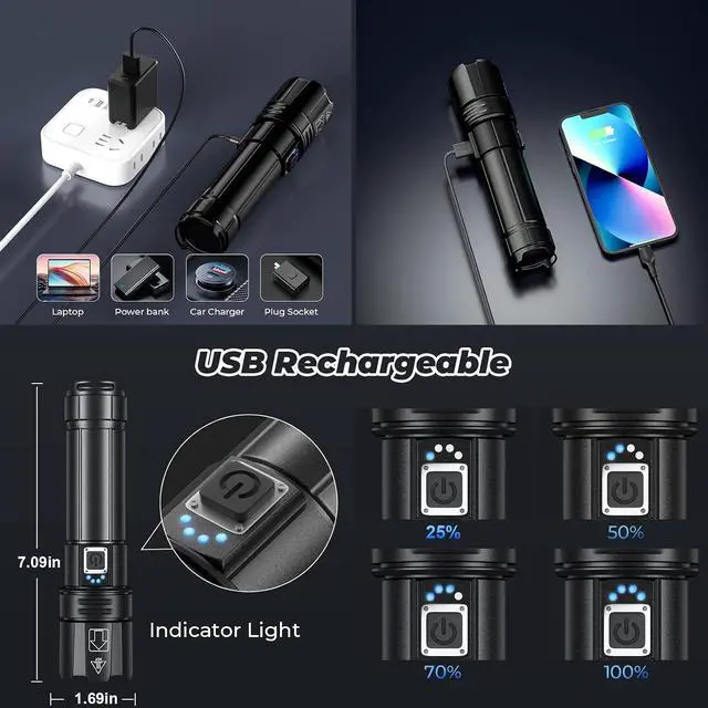 Alt view image 4 of 7 - Rechargeable LED Flashlight High Lumens, 80000 Lumens Bright Powerful Flashlight, 5 Modes, IPX6 Waterproof Handheld Flash Light for Camping Hiking