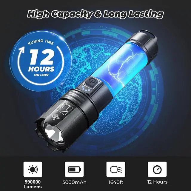 Alt view image 5 of 7 - Rechargeable LED Flashlight High Lumens, 80000 Lumens Bright Powerful Flashlight, 5 Modes, IPX6 Waterproof Handheld Flash Light for Camping Hiking