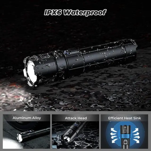 Alt view image 6 of 7 - Rechargeable LED Flashlight High Lumens, 80000 Lumens Bright Powerful Flashlight, 5 Modes, IPX6 Waterproof Handheld Flash Light for Camping Hiking