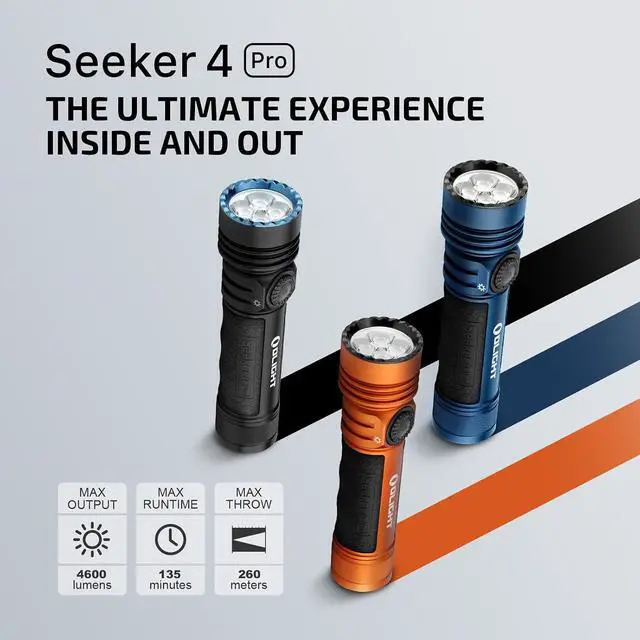 Alt view image 2 of 7 - OLIGHT Seeker 4 Pro Rechargeable Flashlights, 4600 Lumens High Powerful Bright Light with USB C Holster, Waterproof IPX8 for Emergencies, Camping, Searching (Matte Black Cool White)