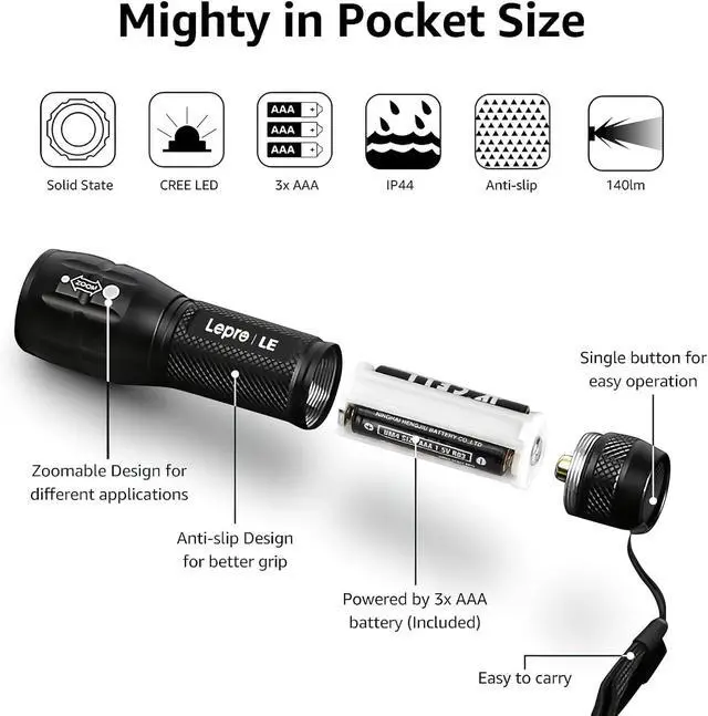 Alt view image 7 of 7 - Lighting EVER LED Flashlights High Lumens, Small Flashlight, Waterproof, Adjustable Focus Flash Light for Outdoor, Emergency, Camping, AAA Batteries Included, 2 Pack