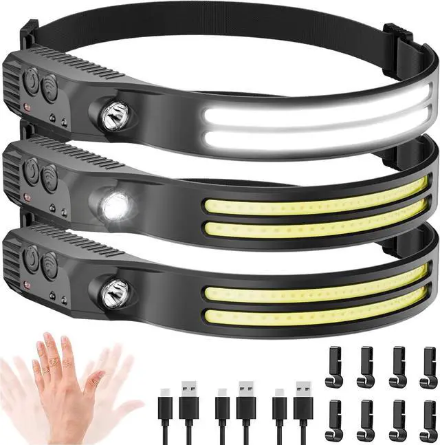 Main image of Beccason 3Pack LED Headlamp Rechargeable - 230° COB Super Bright Head Lights for Forehead, Hard hat Light for Adults, USB C Headband Flashlight for Work, Running, Hunting, Camping Essentials Gear