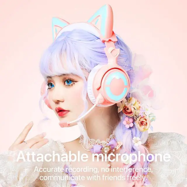 Alt view image 3 of 7 - YOWU RGB Cat Ear Headphone 4, Upgraded Wireless & Wired Gaming Headset with Attachable HD Microphone -Active Noise Reduction, Dual-Channel Stereo & Customizable Lighting and Effect via APP (Pink)
