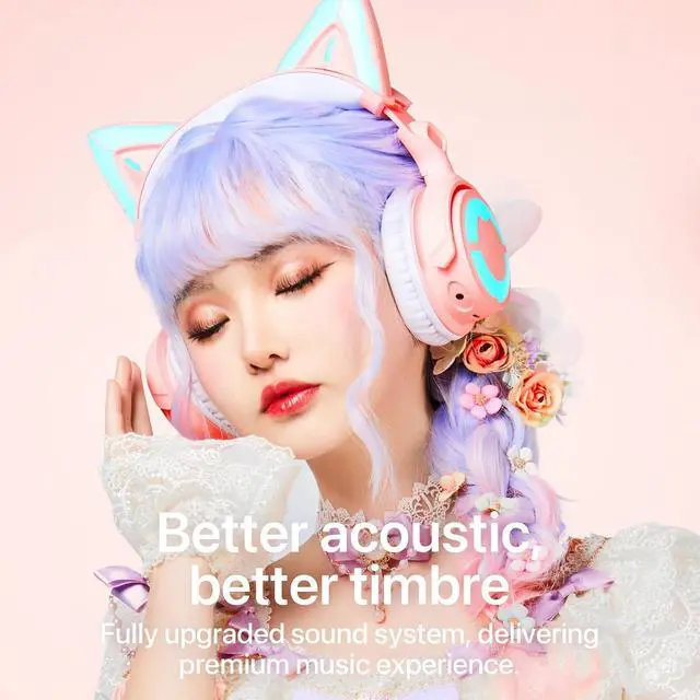 Alt view image 4 of 7 - YOWU RGB Cat Ear Headphone 4, Upgraded Wireless & Wired Gaming Headset with Attachable HD Microphone -Active Noise Reduction, Dual-Channel Stereo & Customizable Lighting and Effect via APP (Pink)
