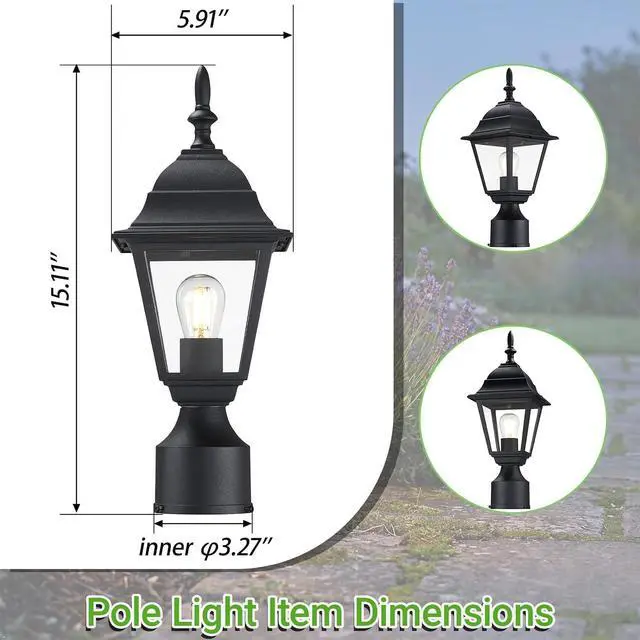 Alt view image 3 of 7 - LIT-PaTH Outdoor Post Lighting Fixture Pole Lantern, E26 Medium Base Max 60W, Aluminum Housing Plus Clear Glass, Bulb Not Included, Matte Black Finish, 1-Pack
