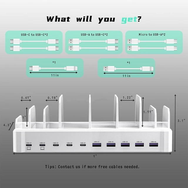 Alt view image 7 of 7 - 420W Charging Station for Multiple Devices, Zobirez 10-Port USB C Fast Charger Stations for MacBook, iPhone, Android Cell Phone, iPad, Tablet, Family Multi-Device Organizer Charging Dock, White
