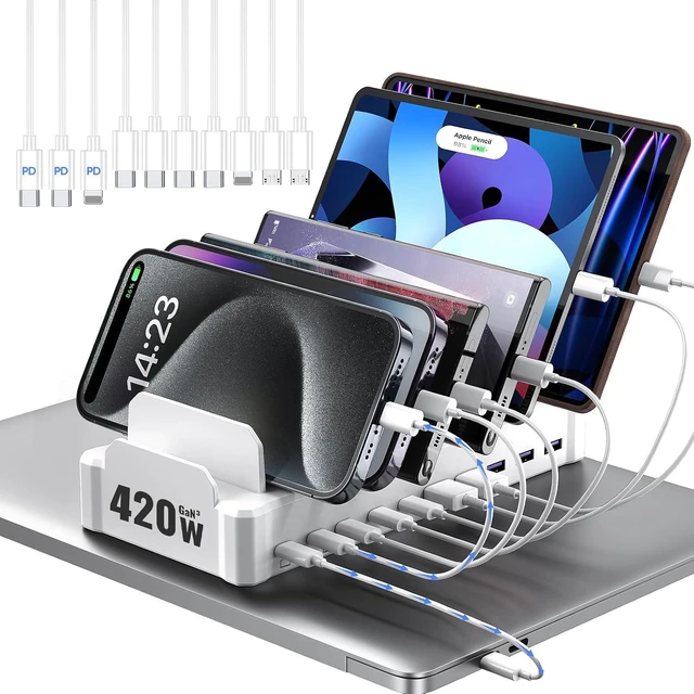 Main image of 420W Charging Station for Multiple Devices, Zobirez 10-Port USB C Fast Charger Stations for MacBook, iPhone, Android Cell Phone, iPad, Tablet, Family Multi-Device Organizer Charging Dock, White