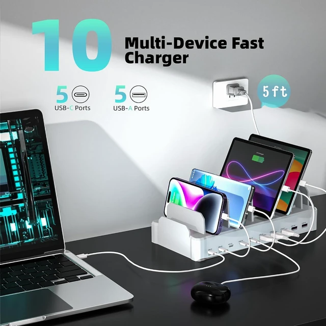 Alt view image 5 of 7 - 420W Charging Station for Multiple Devices, Zobirez 10-Port USB C Fast Charger Stations for MacBook, iPhone, Android Cell Phone, iPad, Tablet, Family Multi-Device Organizer Charging Dock, White