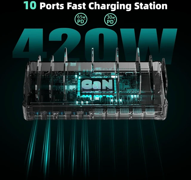 Alt view image 3 of 7 - 420W Charging Station for Multiple Devices, Zobirez 10-Port USB C Fast Charger Stations for MacBook, iPhone, Android Cell Phone, iPad, Tablet, Family Multi-Device Organizer Charging Dock, White