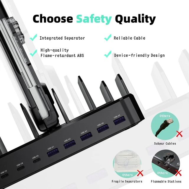 Alt view image 3 of 7 - 420W Charging Station for Multiple Devices, Zobirez 10-Port USB C Fast Charger Stations for MacBook, iPhone, Android Cell Phone, iPad, Tablet, Family Multi-Device Organizer Charging Dock, Black