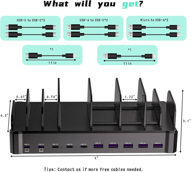 Alt view image 7 of 7 - 420W Charging Station for Multiple Devices, Zobirez 10-Port USB C Fast Charger Stations for MacBook, iPhone, Android Cell Phone, iPad, Tablet, Family Multi-Device Organizer Charging Dock, Black