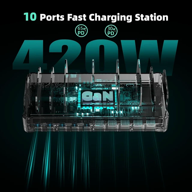 Alt view image 5 of 7 - 420W Charging Station for Multiple Devices, Zobirez 10-Port USB C Fast Charger Stations for MacBook, iPhone, Android Cell Phone, iPad, Tablet, Family Multi-Device Organizer Charging Dock, Black