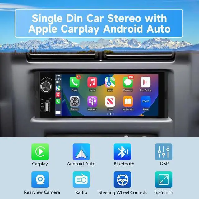 Alt view image 2 of 7 - litillbuly Single Din Car Stereo 6.36 Inch IPS HD Touchscreen Radio Wireless Carplay & Android Auto,with Bluetooth,Backup Camera,FM,EQ,Mirror Link,USB