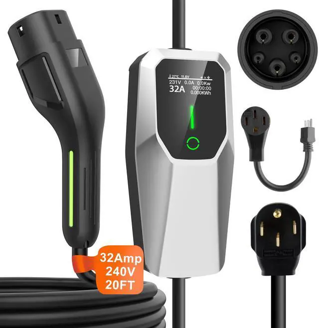 litillbuly Portable Level 1 and Level 2 EV Charger (240V, 32A) with 20ft Charging Cable NEMA 14-50 5-20 for SAE-J1772 Electric Vehicles