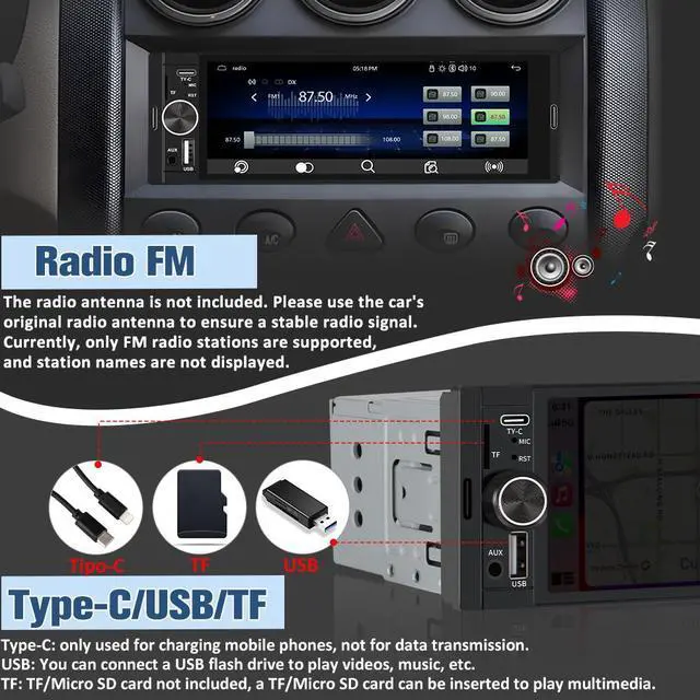 Alt view image 5 of 7 - litillbuly 6.36'' Single DIN Car Radio Stereo with Wireless CarPlay & Android Auto HD IPS Touchscreen Radio Support Type-C Charging/USB/Mirror Link/Microphone/Bluetooth/FM/Reverse Camera