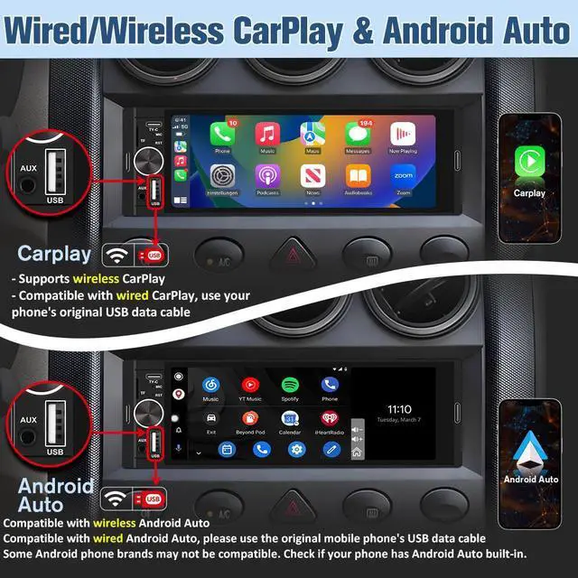 Alt view image 3 of 7 - litillbuly 6.36'' Single DIN Car Radio Stereo with Wireless CarPlay & Android Auto HD IPS Touchscreen Radio Support Type-C Charging/USB/Mirror Link/Microphone/Bluetooth/FM/Reverse Camera