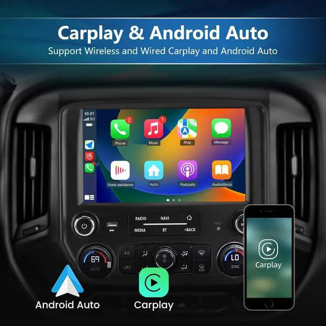 Alt view image 3 of 7 - litillbuly 4+64G Car Radio Stereo for Chevy Silverado GMC Sierra 2014-2018 Android 13 10 inch with Wireless CarPlay Android Auto Bluetooth GPS Navigation