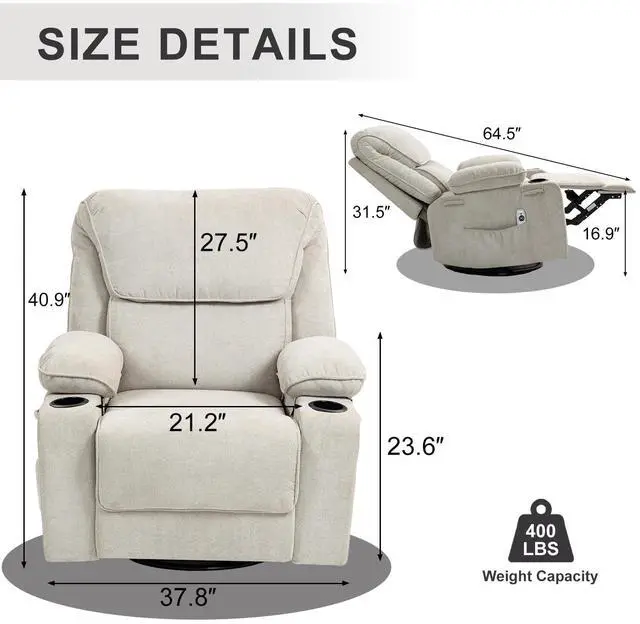 Alt view image 2 of 7 - BRTHORY Rocker Recliner Chair with Massage and Heated, 360°Swivel Rocking Chairs with Cup Holders Remote Control for Living Room (Beige)