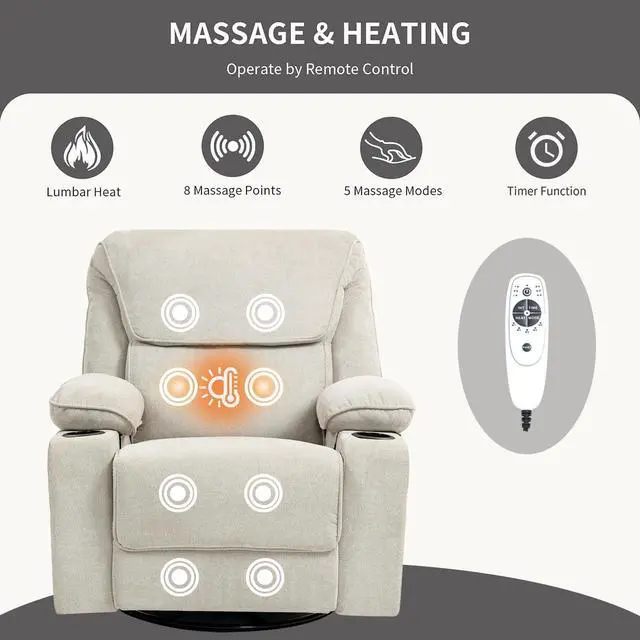 Alt view image 3 of 7 - BRTHORY Rocker Recliner Chair with Massage and Heated, 360°Swivel Rocking Chairs with Cup Holders Remote Control for Living Room (Beige)