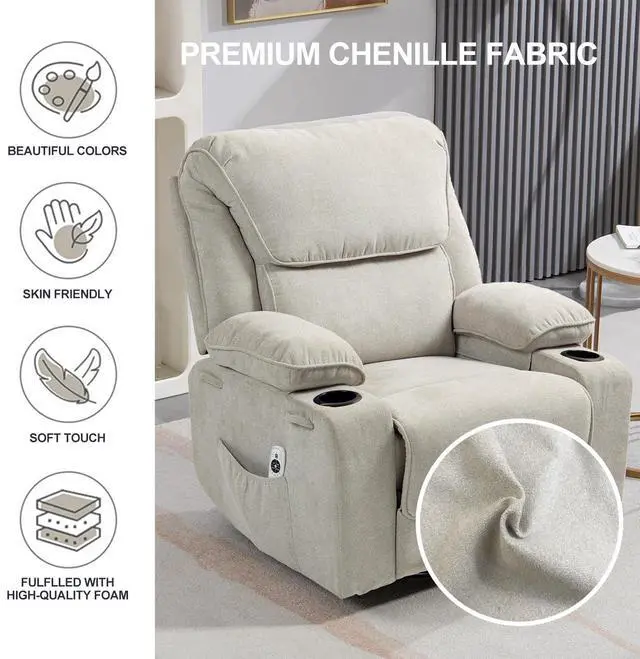 Alt view image 5 of 7 - BRTHORY Rocker Recliner Chair with Massage and Heated, 360°Swivel Rocking Chairs with Cup Holders Remote Control for Living Room (Beige)