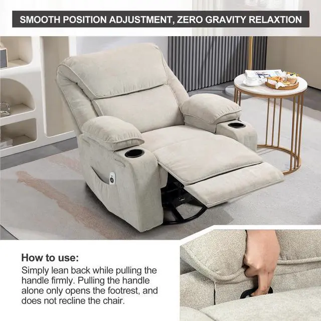 Alt view image 6 of 7 - BRTHORY Rocker Recliner Chair with Massage and Heated, 360°Swivel Rocking Chairs with Cup Holders Remote Control for Living Room (Beige)