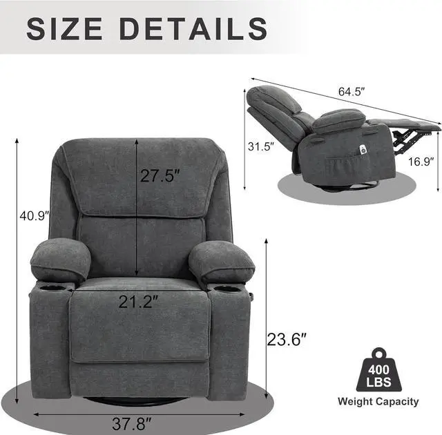 Alt view image 2 of 7 - BRTHORY Rocker Recliner Chair with  Massage and Heated, 360°Swivel Rocking Chairs with Cup Holders Remote Control for Living Room (Dark Gray)