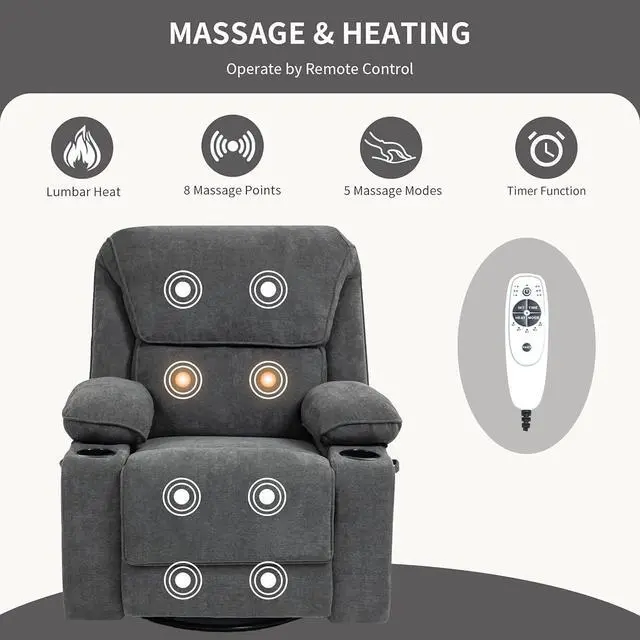 Alt view image 4 of 7 - BRTHORY Rocker Recliner Chair with  Massage and Heated, 360°Swivel Rocking Chairs with Cup Holders Remote Control for Living Room (Dark Gray)