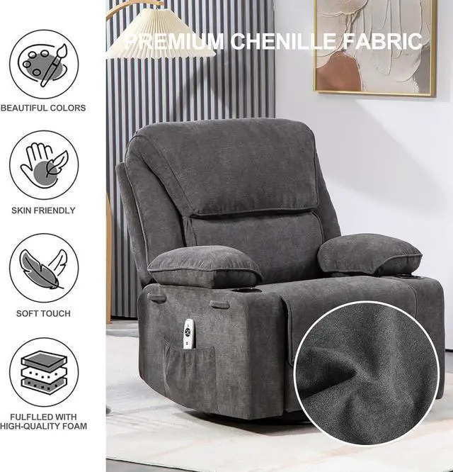 Alt view image 6 of 7 - BRTHORY Rocker Recliner Chair with  Massage and Heated, 360°Swivel Rocking Chairs with Cup Holders Remote Control for Living Room (Dark Gray)