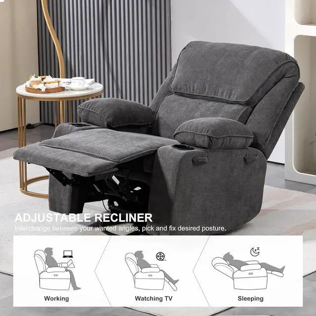 Alt view image 3 of 7 - BRTHORY Rocker Recliner Chair with  Massage and Heated, 360°Swivel Rocking Chairs with Cup Holders Remote Control for Living Room (Dark Gray)