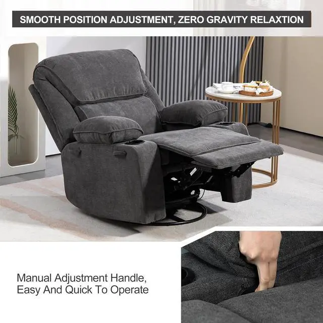 Alt view image 7 of 7 - BRTHORY Rocker Recliner Chair with  Massage and Heated, 360°Swivel Rocking Chairs with Cup Holders Remote Control for Living Room (Dark Gray)