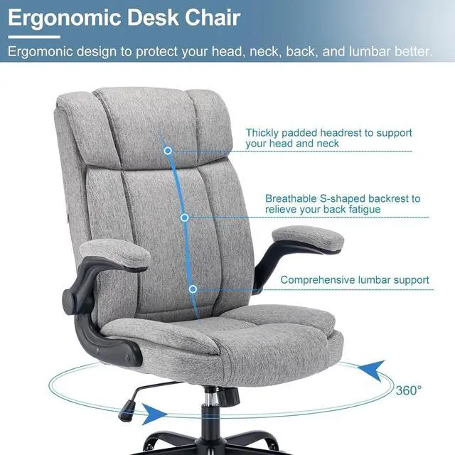 Alt view image 3 of 7 - BRTHORY Office Chair High Back Ergonomic Executive Computer Desk Chair Comfortable Fabric Padded Gaming Chairs with Flip-up Adjustable Armrest Swivel Wheels (Grey)