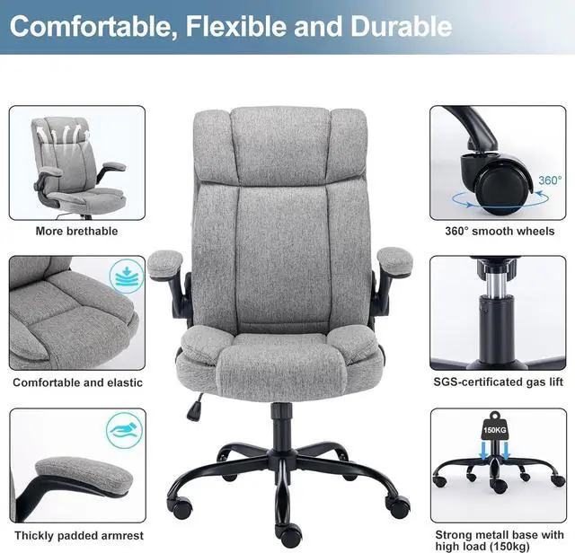 Alt view image 5 of 7 - BRTHORY Office Chair High Back Ergonomic Executive Computer Desk Chair Comfortable Fabric Padded Gaming Chairs with Flip-up Adjustable Armrest Swivel Wheels (Grey)