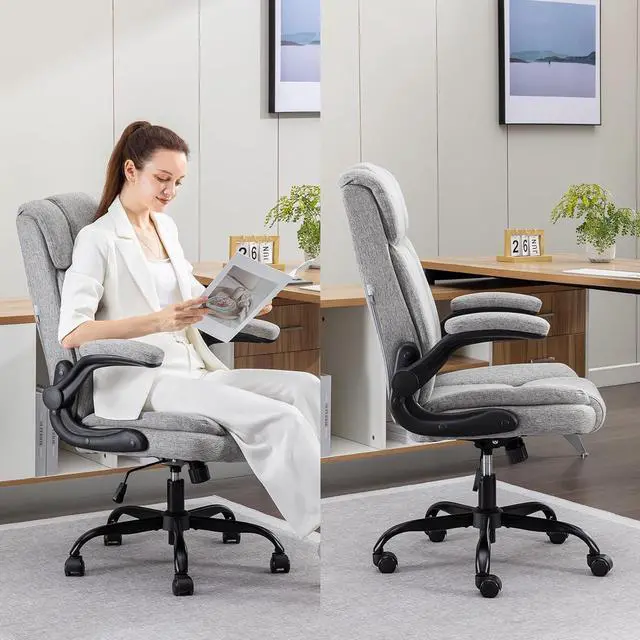 Alt view image 7 of 7 - BRTHORY Office Chair High Back Ergonomic Executive Computer Desk Chair Comfortable Fabric Padded Gaming Chairs with Flip-up Adjustable Armrest Swivel Wheels (Grey)
