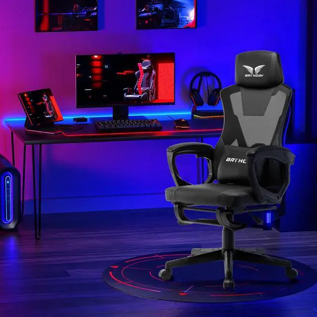 Alt view image 2 of 7 - BRTHORY Gaming Desk Chair with Footrest, Ergonomic Computer Office Desk Chair,Reclining Game Chairs Lumbar Support,Faux Leather,Height Adjustable,360° Swivel (White)