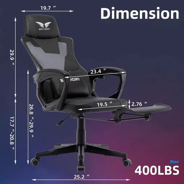 Alt view image 3 of 7 - BRTHORY Gaming Desk Chair with Footrest, Ergonomic Computer Office Desk Chair,Reclining Game Chairs Lumbar Support,Faux Leather,Height Adjustable,360° Swivel (White)