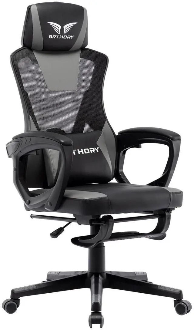 Main image of BRTHORY Gaming Desk Chair with Footrest, Ergonomic Computer Office Desk Chair,Reclining Game Chairs Lumbar Support,Faux Leather,Height Adjustable,360° Swivel (Grey)