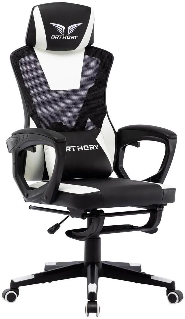 Main image of BRTHORY Gaming Desk Chair with Footrest, Ergonomic Computer Office Desk Chair,Reclining Game Chairs Lumbar Support,Faux Leather,Height Adjustable,360° Swivel (White)