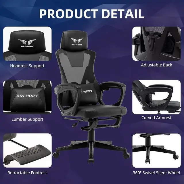 Alt view image 4 of 7 - BRTHORY Gaming Desk Chair with Footrest, Ergonomic Computer Office Desk Chair,Reclining Game Chairs Lumbar Support,Faux Leather,Height Adjustable,360° Swivel (White)