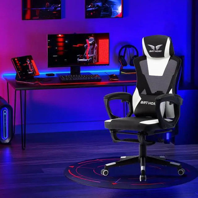 Alt view image 2 of 7 - BRTHORY Gaming Desk Chair with Footrest, Ergonomic Computer Office Desk Chair,Reclining Game Chairs Lumbar Support,Faux Leather,Height Adjustable,360° Swivel (White)