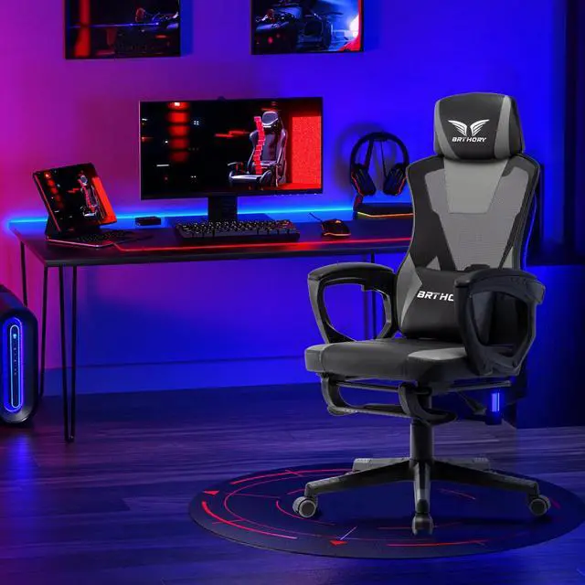 Alt view image 2 of 7 - BRTHORY Gaming Desk Chair with Footrest, Ergonomic Computer Office Desk Chair,Reclining Game Chairs Lumbar Support,Faux Leather,Height Adjustable,360° Swivel (Grey)