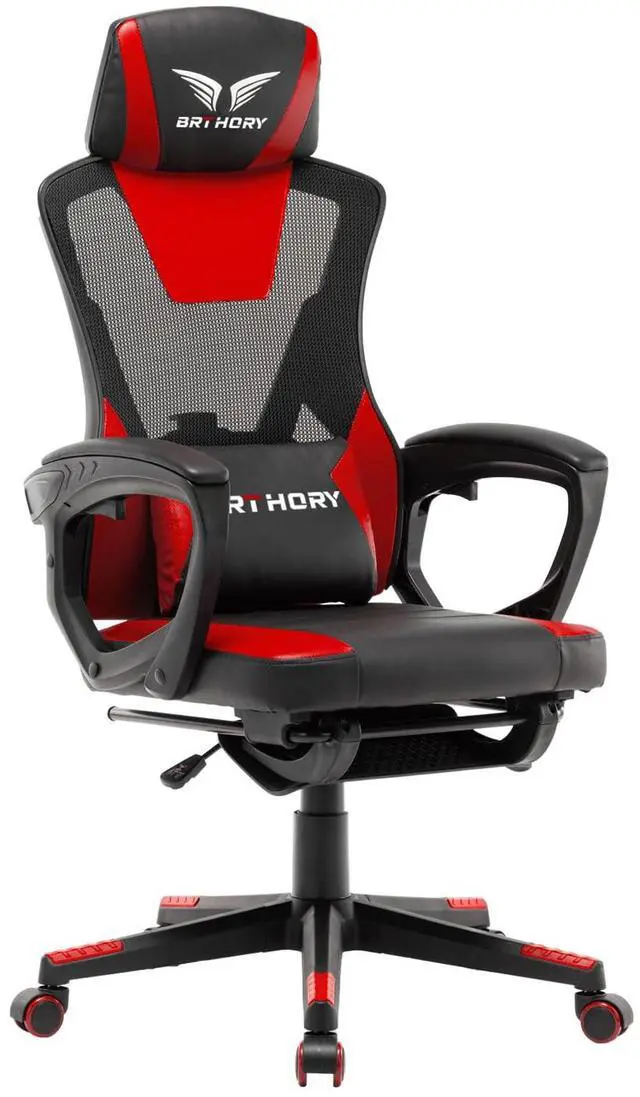 Main image of BRTHORY Gaming Desk Chair with Footrest, Ergonomic Computer Office Desk Chair,Reclining Game Chairs Lumbar Support,Faux Leather,Height Adjustable,360° Swivel (Red)