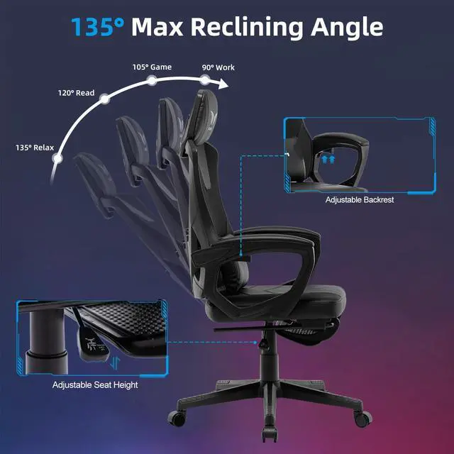 Alt view image 5 of 7 - BRTHORY Gaming Desk Chair with Footrest, Ergonomic Computer Office Desk Chair,Reclining Game Chairs Lumbar Support,Faux Leather,Height Adjustable,360° Swivel (White)