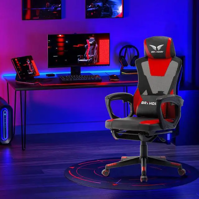 Alt view image 2 of 7 - BRTHORY Gaming Desk Chair with Footrest, Ergonomic Computer Office Desk Chair,Reclining Game Chairs Lumbar Support,Faux Leather,Height Adjustable,360° Swivel (Red)