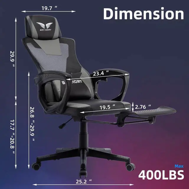 Alt view image 3 of 7 - BRTHORY Gaming Desk Chair with Footrest, Ergonomic Computer Office Desk Chair,Reclining Game Chairs Lumbar Support,Faux Leather,Height Adjustable,360° Swivel (Grey)