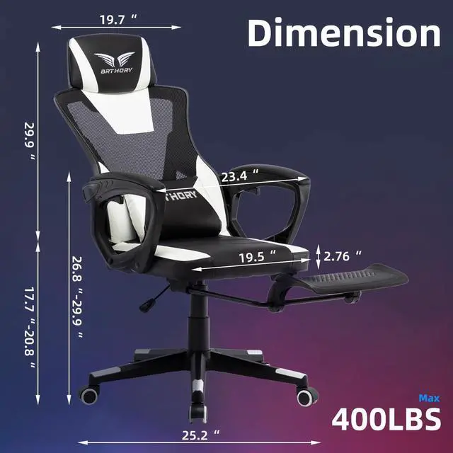 Alt view image 3 of 7 - BRTHORY Gaming Desk Chair with Footrest, Ergonomic Computer Office Desk Chair,Reclining Game Chairs Lumbar Support,Faux Leather,Height Adjustable,360° Swivel (White)