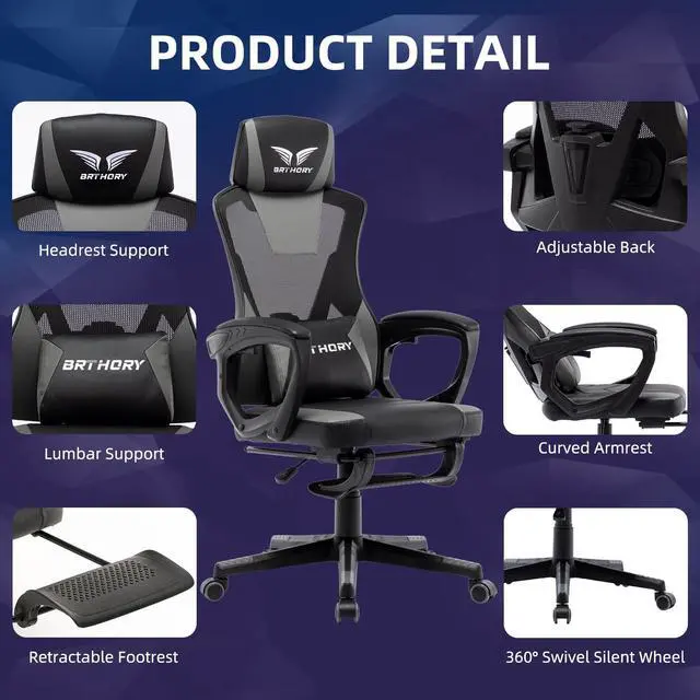 Alt view image 4 of 7 - BRTHORY Gaming Desk Chair with Footrest, Ergonomic Computer Office Desk Chair,Reclining Game Chairs Lumbar Support,Faux Leather,Height Adjustable,360° Swivel (Grey)