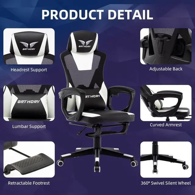 Alt view image 4 of 7 - BRTHORY Gaming Desk Chair with Footrest, Ergonomic Computer Office Desk Chair,Reclining Game Chairs Lumbar Support,Faux Leather,Height Adjustable,360° Swivel (White)