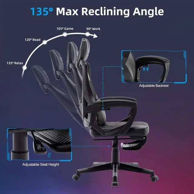 Alt view image 5 of 7 - BRTHORY Gaming Desk Chair with Footrest, Ergonomic Computer Office Desk Chair,Reclining Game Chairs Lumbar Support,Faux Leather,Height Adjustable,360° Swivel (Grey)