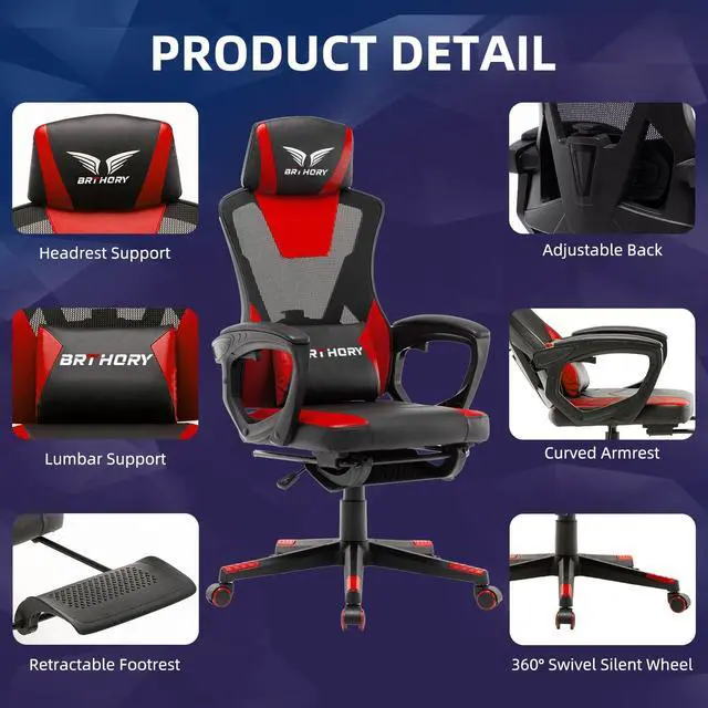 Alt view image 4 of 7 - BRTHORY Gaming Desk Chair with Footrest, Ergonomic Computer Office Desk Chair,Reclining Game Chairs Lumbar Support,Faux Leather,Height Adjustable,360° Swivel (Red)