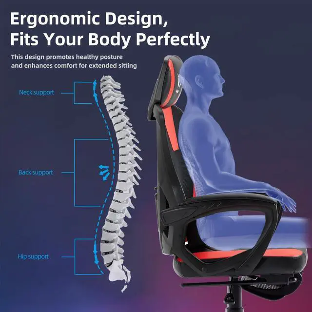 Alt view image 6 of 7 - BRTHORY Gaming Desk Chair with Footrest, Ergonomic Computer Office Desk Chair,Reclining Game Chairs Lumbar Support,Faux Leather,Height Adjustable,360° Swivel (Red)